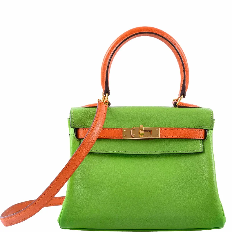 Hermès Kelly Mini 20 Retourne Vert Cru & Orange H Gulliver Leather Gold Hardware - 1994, X Circle