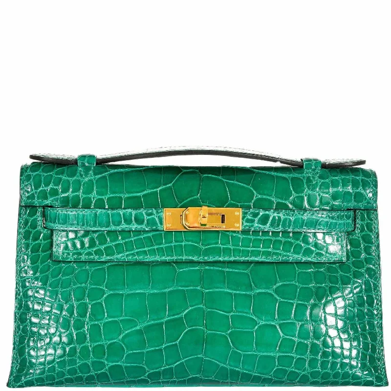 Hermès Kelly Pochette Vert Emerald Alligator Clutch Gold Hardware