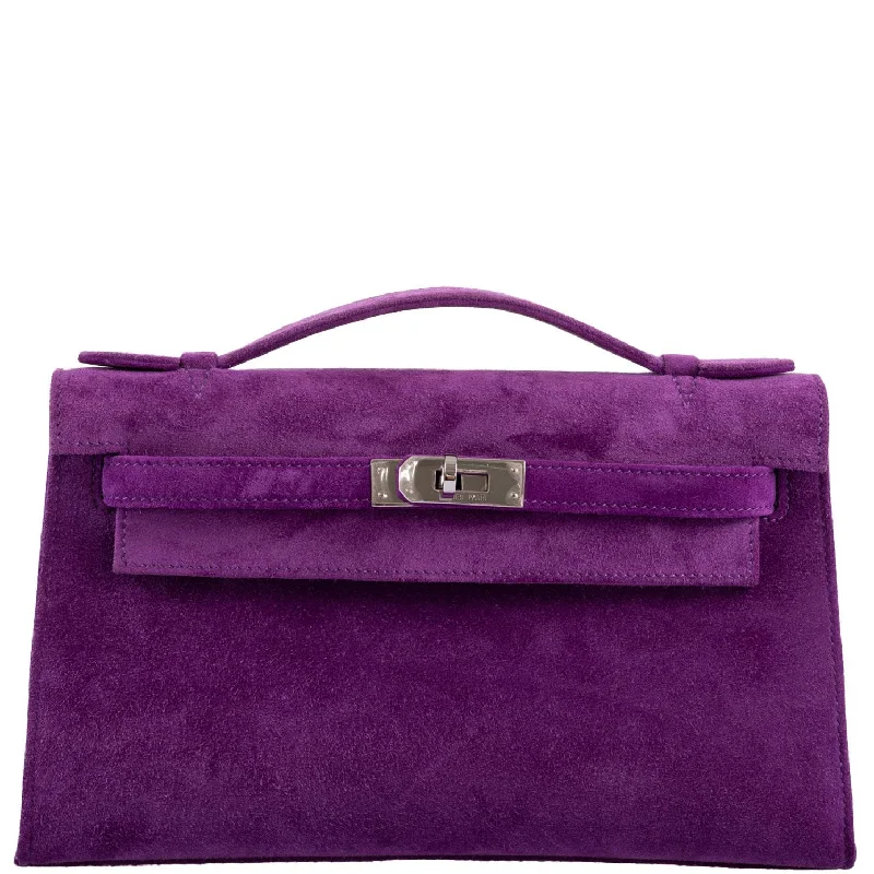 Hermès Kelly Pochette Violet Veau Doblis Suede Palladium Hardware - 2006, J Square