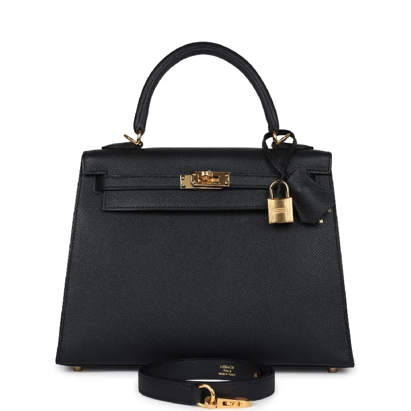 Hermes Kelly Sellier 25 Black Epsom Gold Hardware