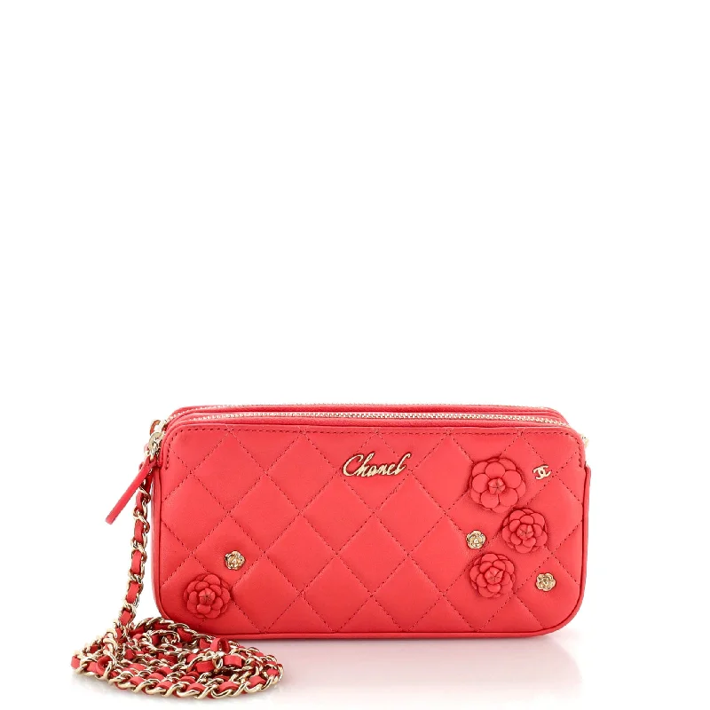 Camellia Charms Double Zip Clutch with Chain Quilted Lambskin