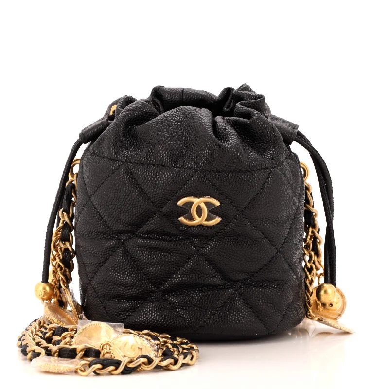 Medallion Charms Drawstring Bucket Bag Quilted Caviar Mini