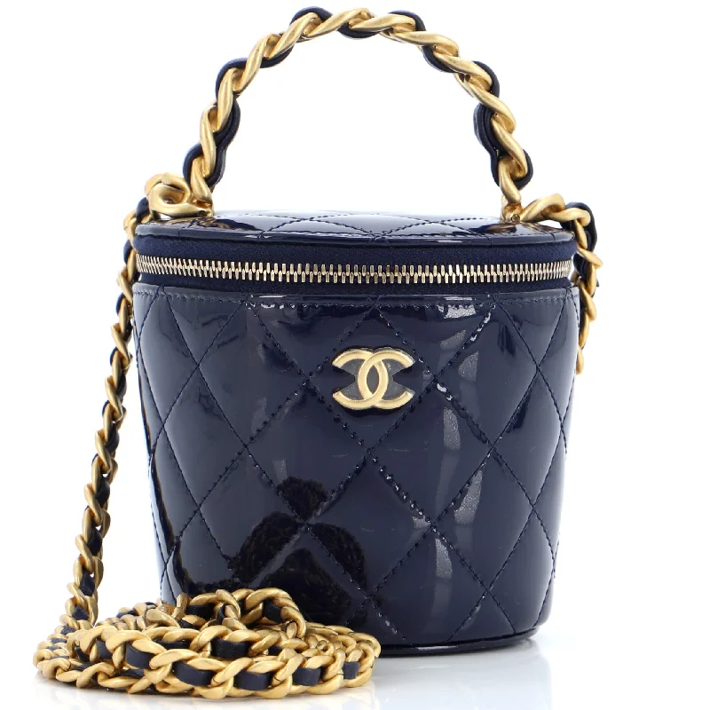 Woven Chain Top Handle Vanity Bucket Bag Quilted Patent