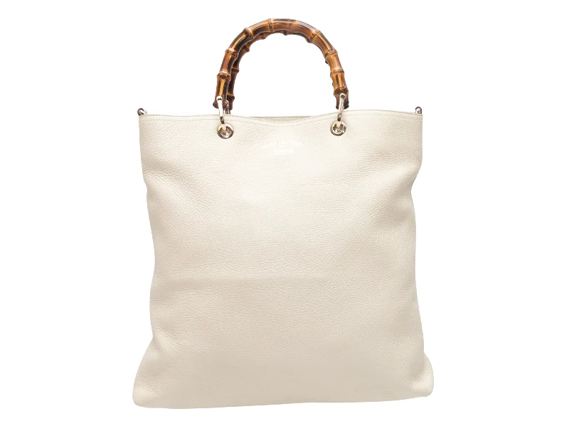 White Gucci Leather & Bamboo Shopping Tote